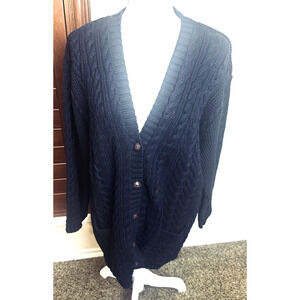 Moda Int'l Cardigan Cable Knit Black Sweater fisherman sz M Button Front VTG 90s